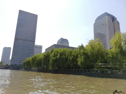 坐游船观运河两岸景色