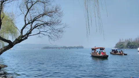 苏堤，西湖手划船