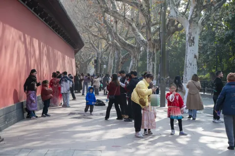 德寿宫红墙边拍照的游人